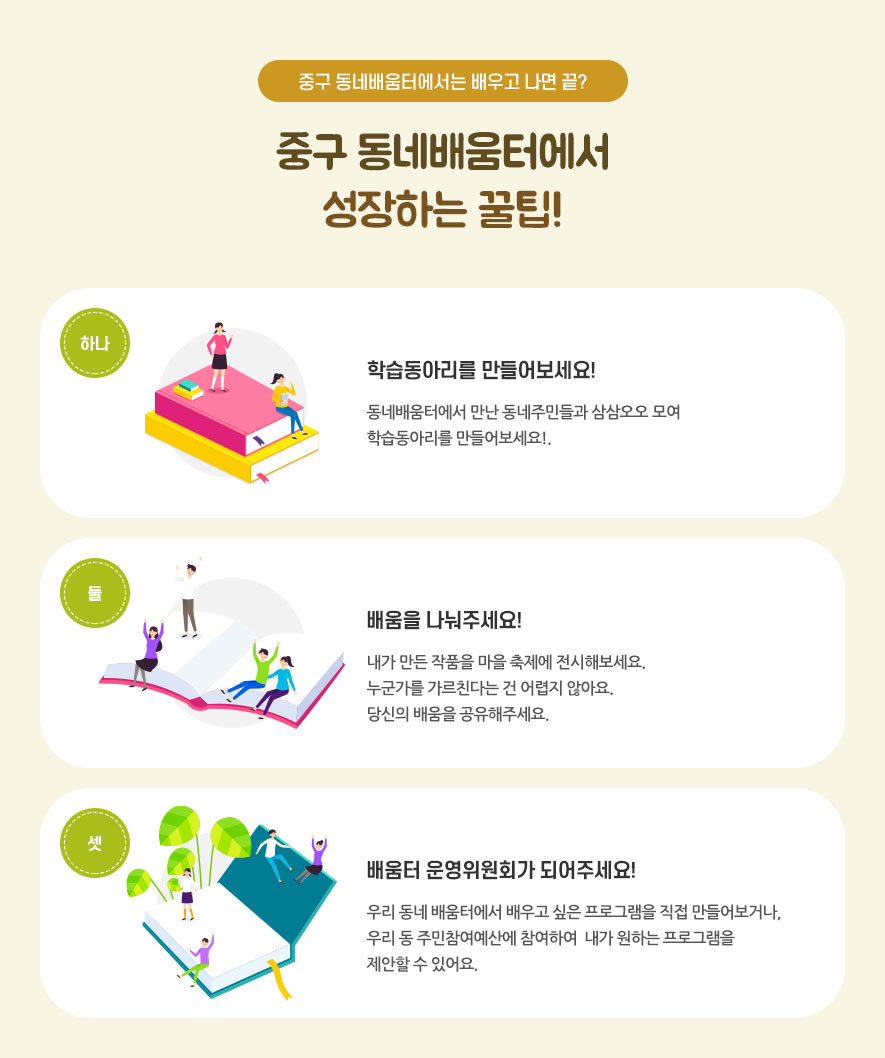 중구 동네배움터에서는 배우고 나면 끝? 중구 동네 배움터에서 성장하는 꿀팁! 하나, 학습동아리를 만들어보세요! 동네배움터에서 만난 동네주민들과 삼삼오오 모여 학습동아리를 만들어보세요! 둘, 배움을 나눠주세요! 내가 만든 작품을 마을 축제에 전시해보세요. 누군가를 가르친다는 건 어렵지 않아요. 당신의 배움을 공유해주세요. 셋, 배움터 운영위원회가 되어주세요! 우리동네 배움터에서 배우고 싶은 프로그램을 직접 만들어보거나 우리 동 주민 참여예산에 참여하여 내가 원하는 프로그램을 제안할 수 있어요.