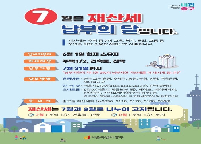 서울 중구, 7월 재산세 총 695억원 고지... 31일까지 납부 잊지 마세요 썸네일
